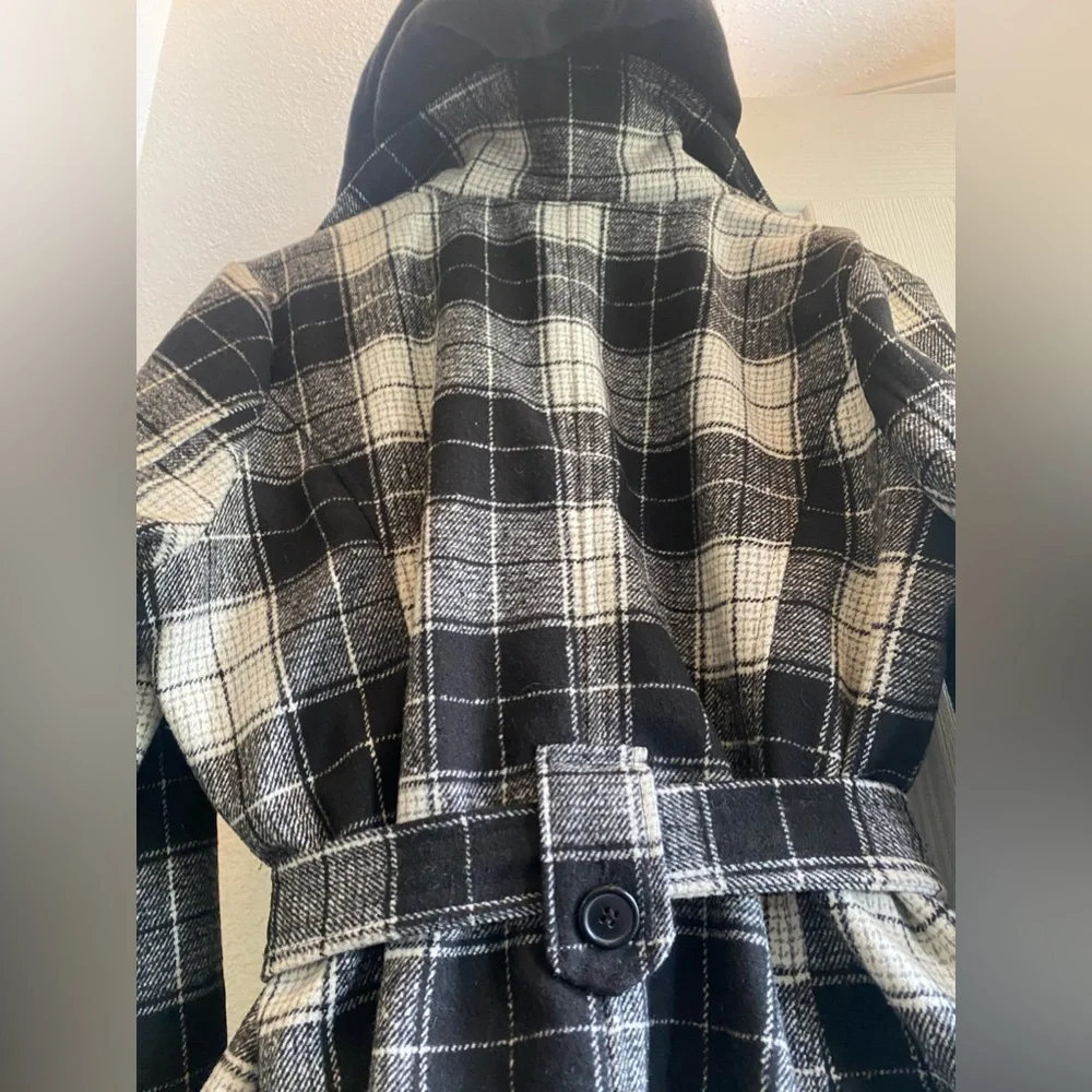 FASHION NOVA 🖤💖🤍PLAID BUTTON FRONT PEACOAT-WITH SASH & DETACHABLE HOODIE-XL - Picture 10 of 16